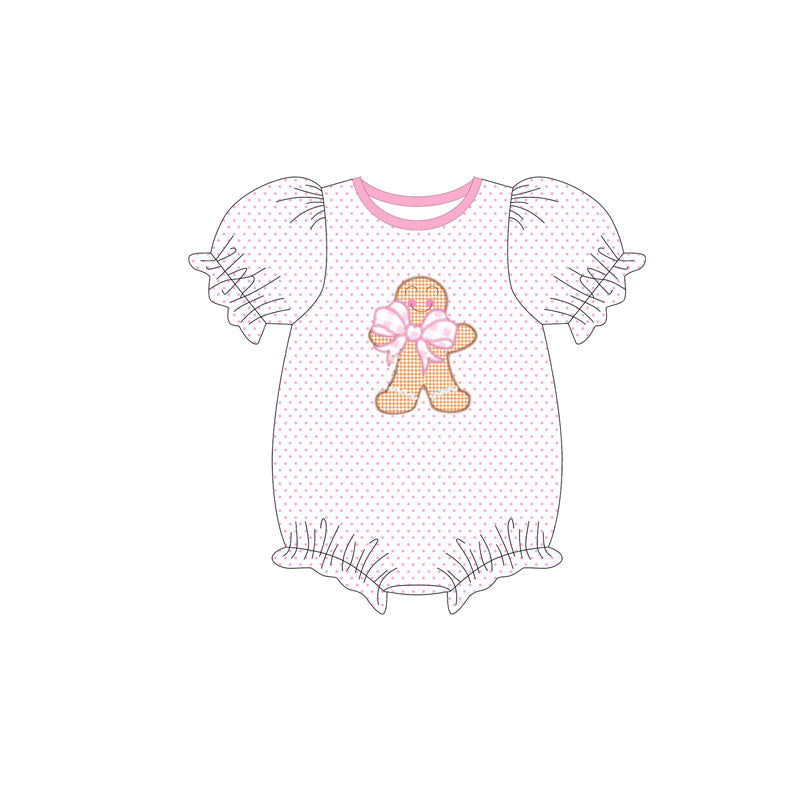 ( Moq 5 ) Preorder Baby Girl Short Sleeves Dots Bows Gingerbread Pink Christmas Romper