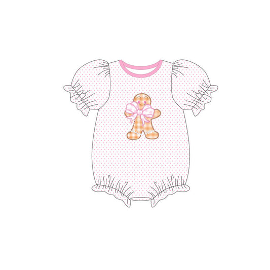 ( Moq 5 ) Preorder Baby Girl Short Sleeves Dots Bows Gingerbread Pink Christmas Romper