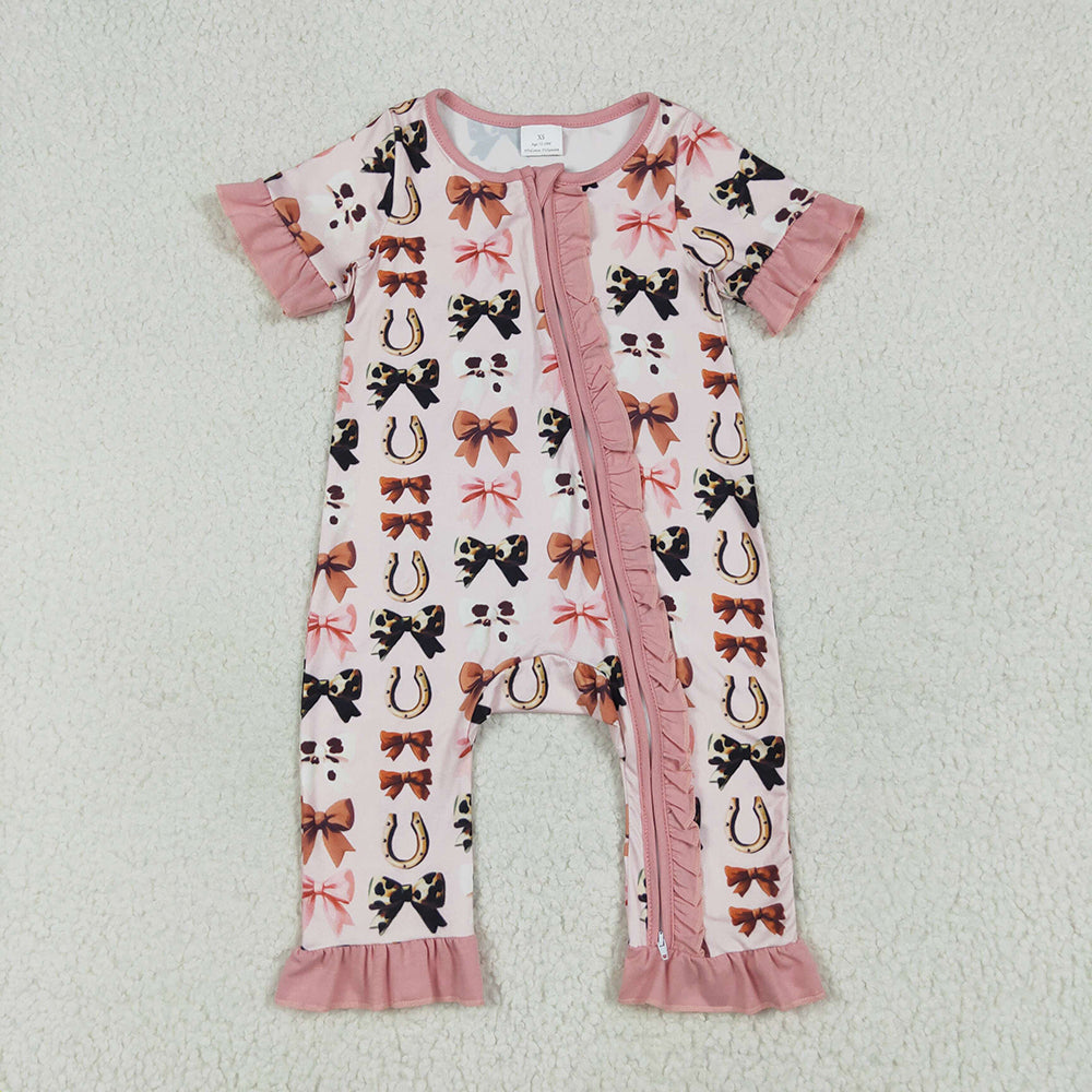 Baby Girl Short Sleeves Western Bows Sibling Ruffle Zipper Romper Pajamas Set Clothes RTS