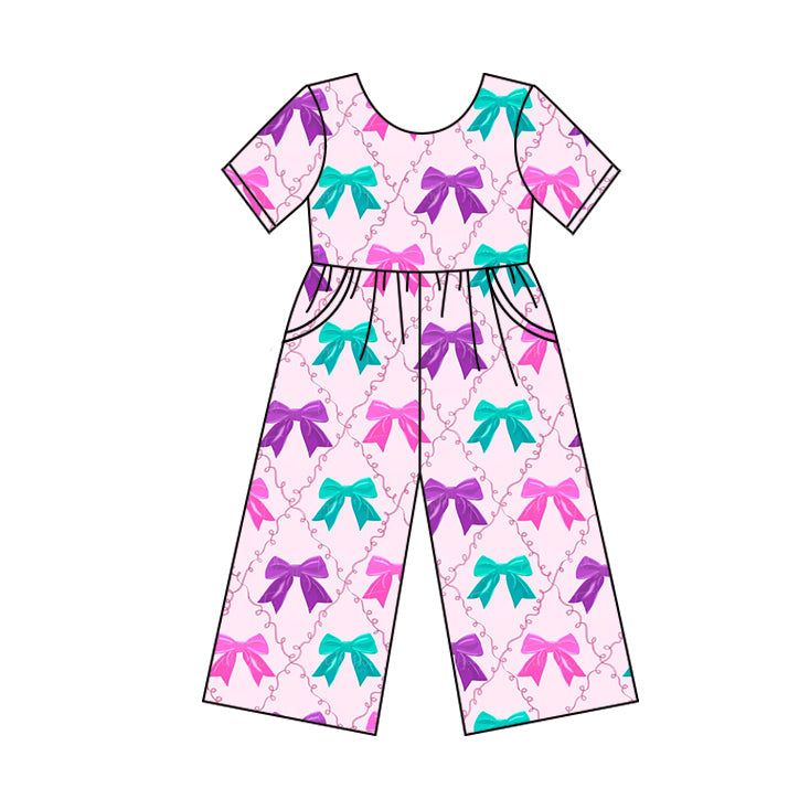 ( Moq 5 ) Preorder Baby Girl Short Sleeves Colorful Bows Pockets Pants Jumpsuit