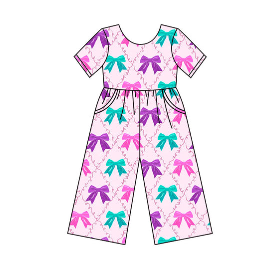 ( Moq 5 ) Preorder Baby Girl Short Sleeves Colorful Bows Pockets Pants Jumpsuit