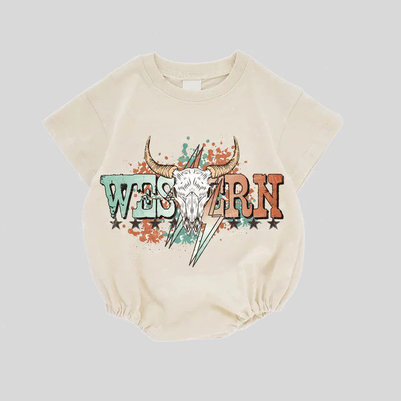 ( Moq 5 ) Preorder Baby Kids Short Sleeves Western Bull Skull Bubble Romper