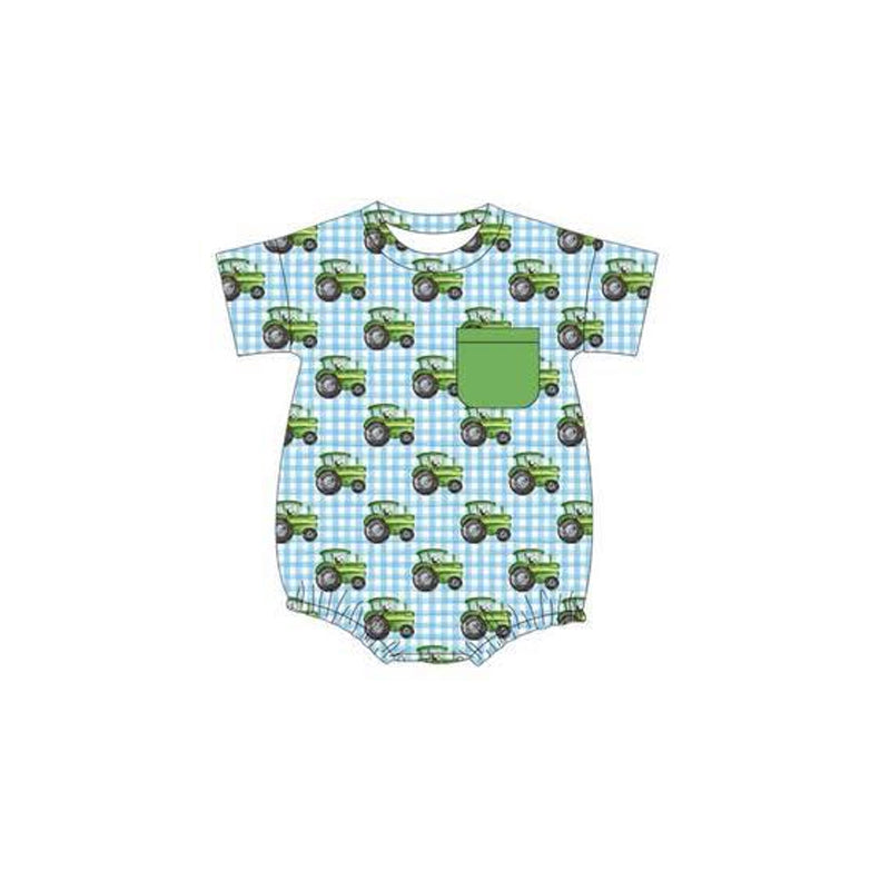 ( Moq 5 ) Preorder Baby Boy Short Sleeves Farm Trucks Plaid Pocket Bubble Green Romper