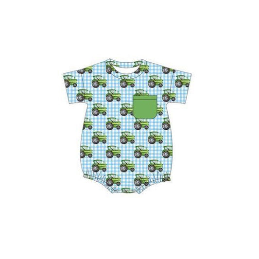 ( Moq 5 ) Preorder Baby Boy Short Sleeves Farm Trucks Plaid Pocket Bubble Green Romper