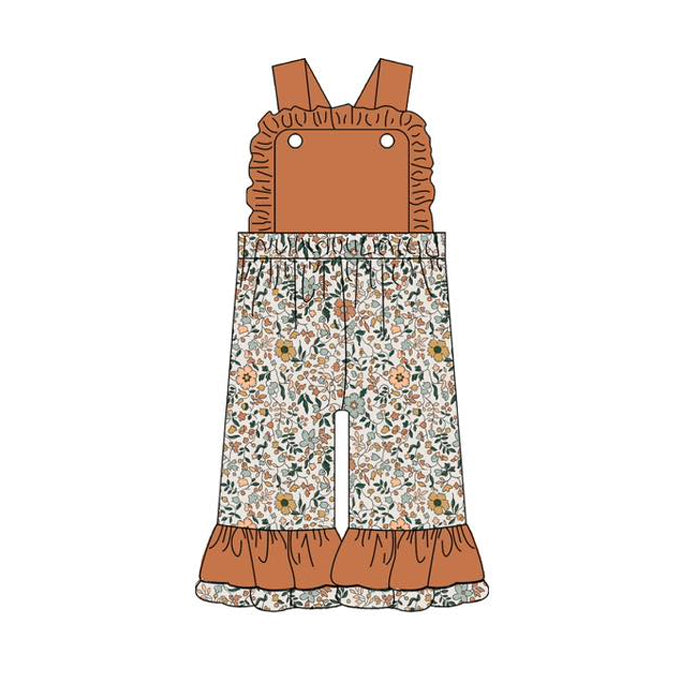 ( Moq 5 ) Preorder Baby Girl Brown Sleeveless Floral Ruffle Pants Jumpsuit