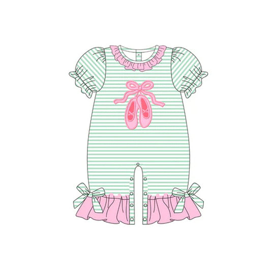 ( Moq 5 ) Preorder Baby Girl Short Sleeves Bow Shoes Stripes Ruffle Romper