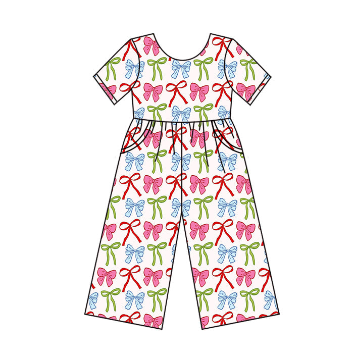 ( Moq 5 ) Preorder Baby Girl Short Sleeves Colorful Bows Pockets Jumpsuit
