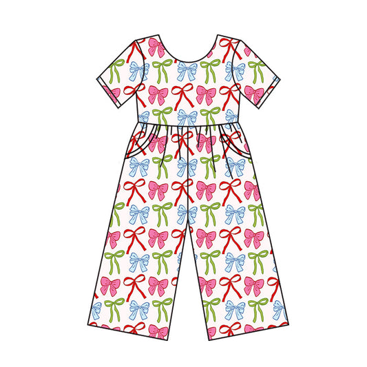 ( Moq 5 ) Preorder Baby Girl Short Sleeves Colorful Bows Pockets Jumpsuit