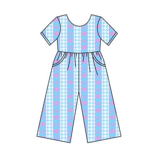 ( Moq 5 ) Preorder Baby Girl Short Sleeves Flower Bows Pockets Blue jumpsuit