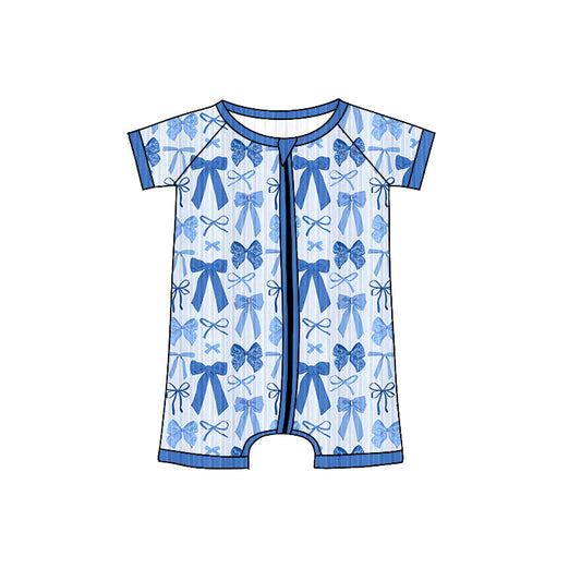 ( Moq 5 ) Preorder Baby Girl Short Sleeves Blue Bows Zipper Ribbed Romper