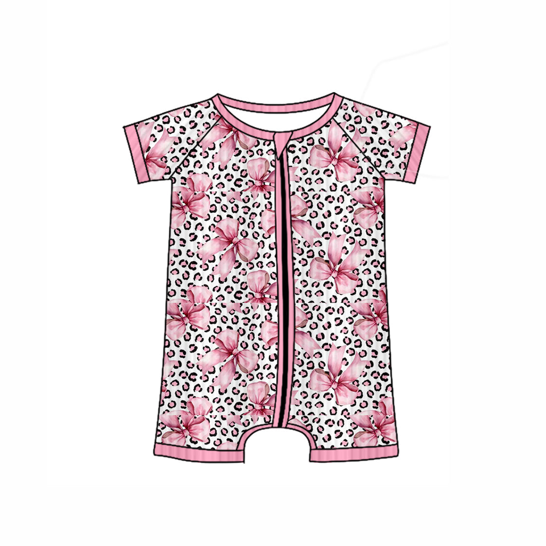 ( Moq 5 ) Preorder Baby Girl Short Sleeves Flower Leopard Zipper Ribbed Romper