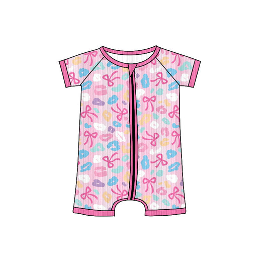 ( Moq 5 ) Preorder Baby Girl Short Sleeves Bows Leopard Ribbed Zipper Pink Romper