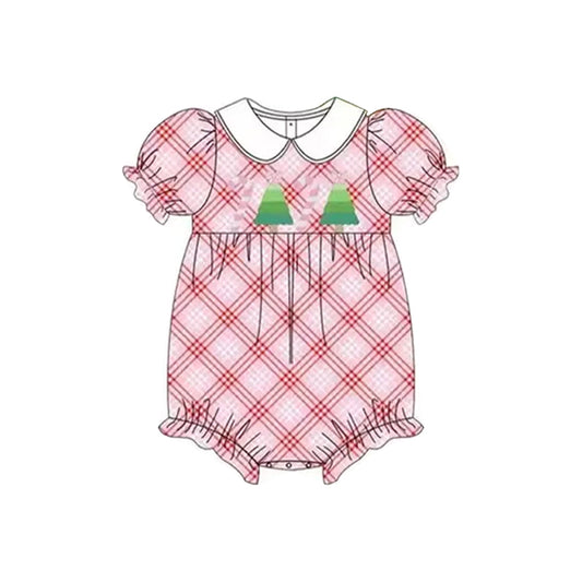 ( Moq 5 ) Preorder Baby Girl Short Sleeves Tree Candy Cane Pink Plaid Christmas Romper