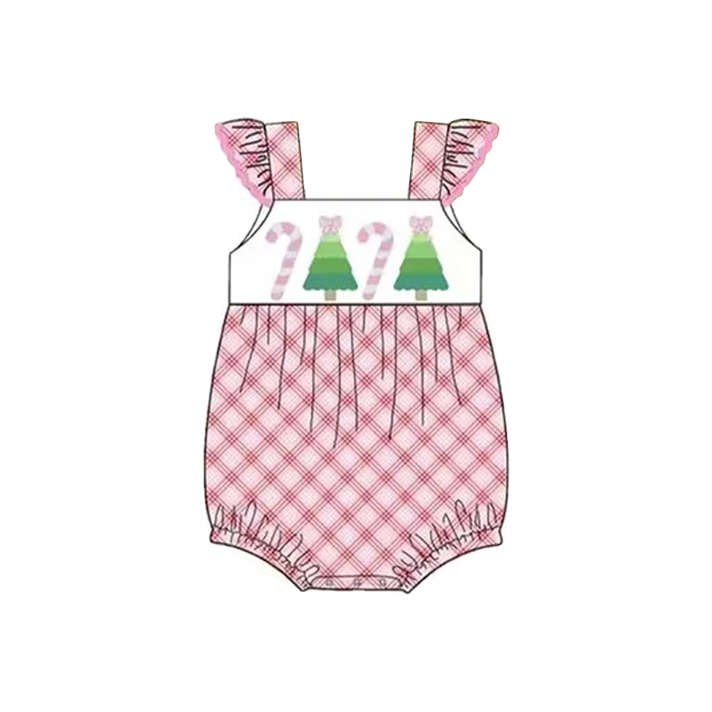 ( Moq 5 ) Preorder Baby Girl Flutter Sleeves Tree Candy Cane Pink Plaid Christmas Romper