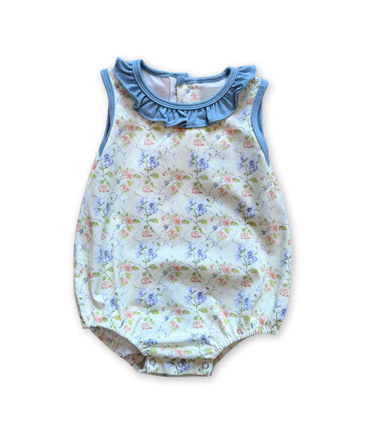 ( Moq 5 ) Preorder Baby Girl Sleeveless Flower Blue Ruffle Bubble Romper