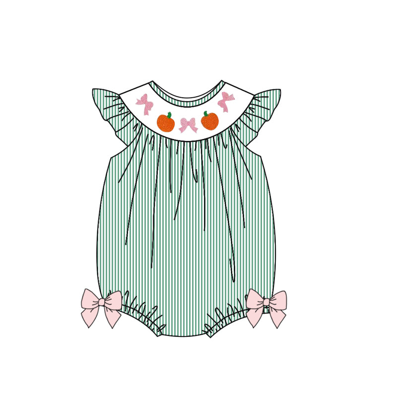 ( Moq 5 ) Preorder Baby Girl Short Sleeves Bows Pumpkins Green Stripes Bubble Romper