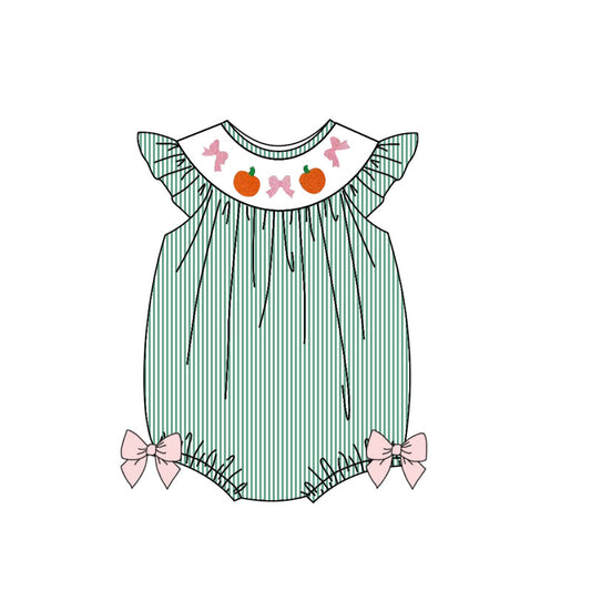 ( Moq 5 ) Preorder Baby Girl Short Sleeves Bows Pumpkins Green Stripes Bubble Romper