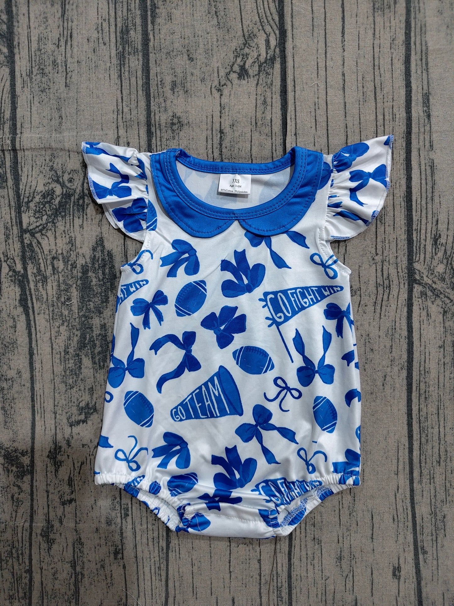 Baby Girl Short Sleeves Cheer Blue Bows Summer Team Bubble Romper RTS