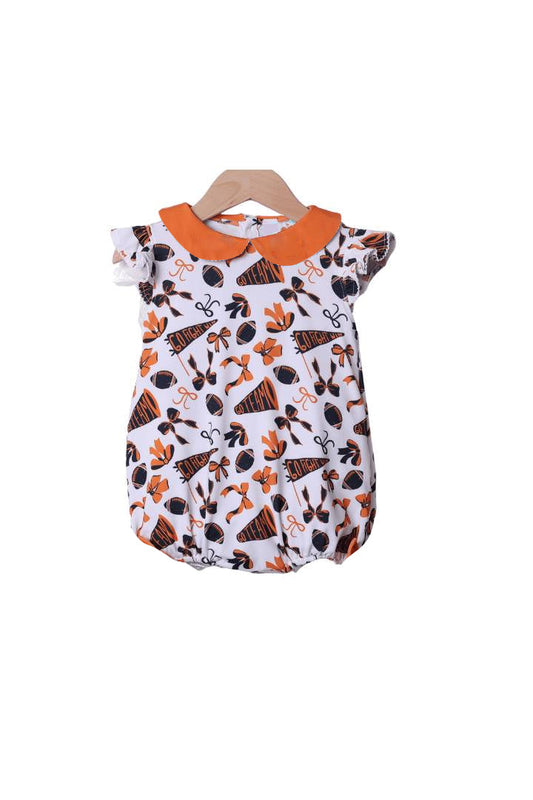( Moq 5 ) Preorder Baby Girl Short Sleeves Cheer Orange Bows Summer Team Bubble Romper