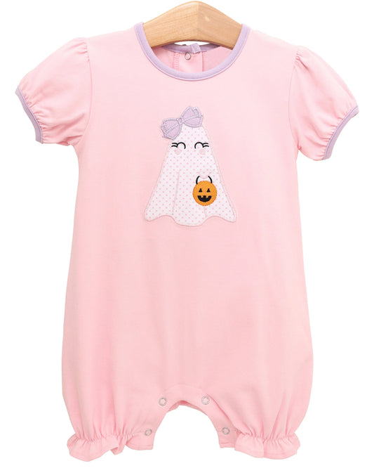 ( Moq 5 ) Preorder Baby Girl Short Sleeves Ghost Pumpkin Halloween Pink Romper