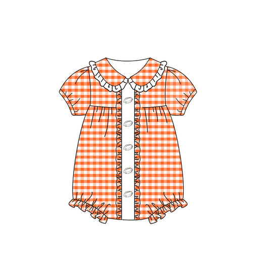 ( Moq 5 ) Preorder Baby Girl Short Sleeves Orange Plaid Summer Football Bubble Romper