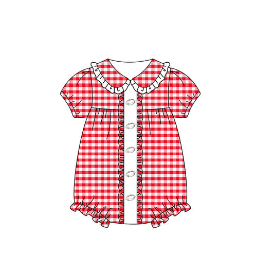 ( Moq 5 ) Preorder Baby Girl Short Sleeves Red Plaid Summer Football Bubble Romper
