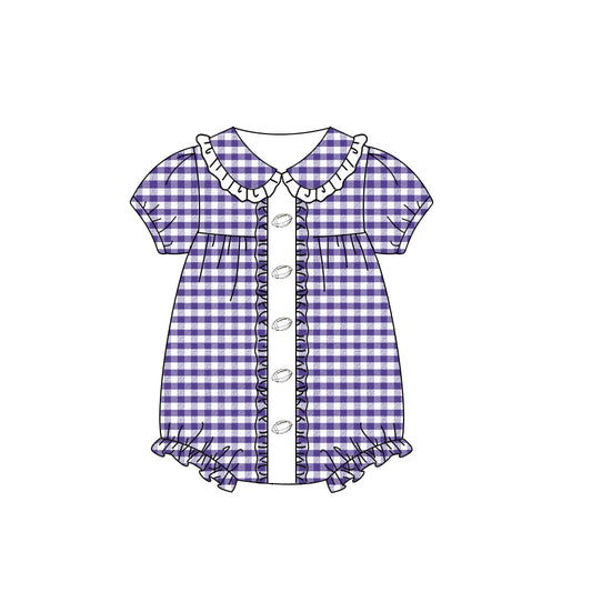 ( Moq 5 ) Preorder Baby Girl Short Sleeves Purple Plaid Summer Football Bubble Romper