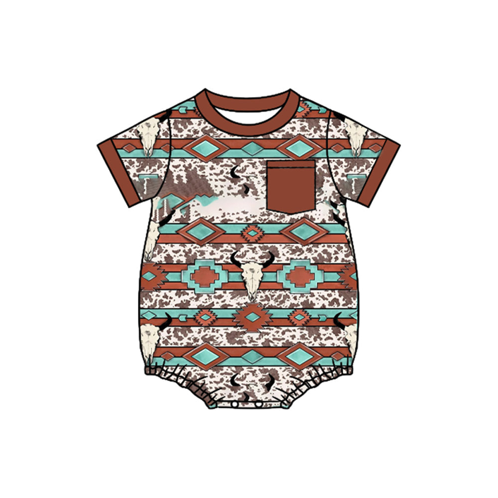 ( Moq 5 ) Preorder Kids Boys Infant Short Sleeves Western Cow Aztec Bubble Romper