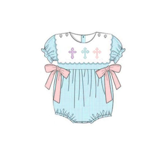 ( Moq 5 )Preorder Girls Infant Short Sleeves Cross Bows Easter Bubble Romper