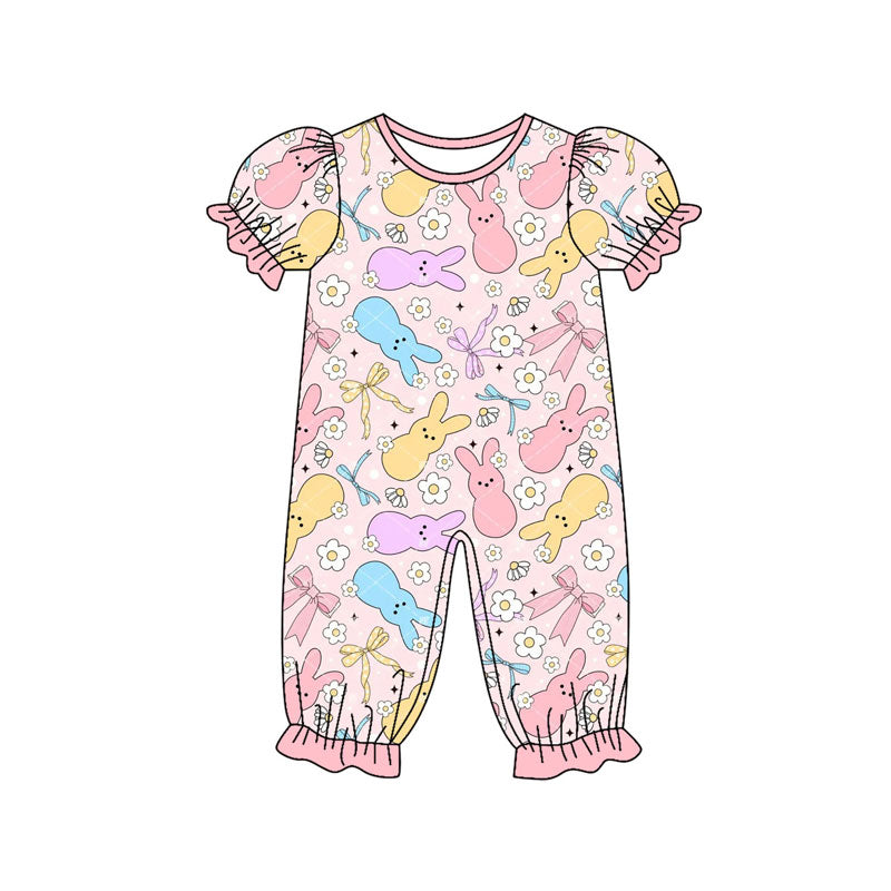( Moq 5 ) Preorder Girls Kids Short Sleeves Flower Bows Rabbits Easter Romper