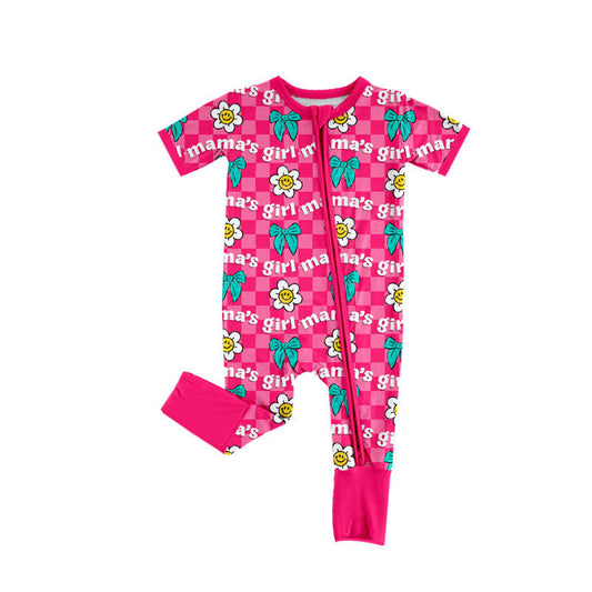 ( Moq 5 ) Girls Infant Mama's Girl Smile Flower Bows Checked Zipper Sleeper Romper
