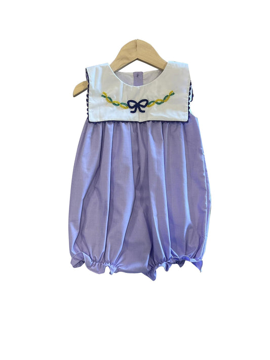 ( Moq 5 ) Preorder Girls Infant Sleeveless Mardi Gras Bow Purple Bubble Romper