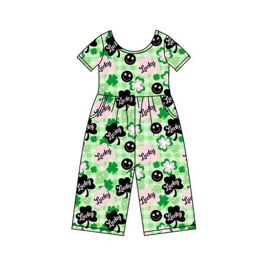 ( Moq 5 ) Preorder Girls Kids Short Sleeves Smile Plaid St. Patrick's Day Green Pockets Jumpsuit
