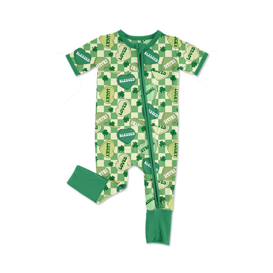 ( Moq 5 ) Preorder Girls Infant Short Sleeves Hearts Plaid Shirt St. Patrick's Day Green Zipper Romper