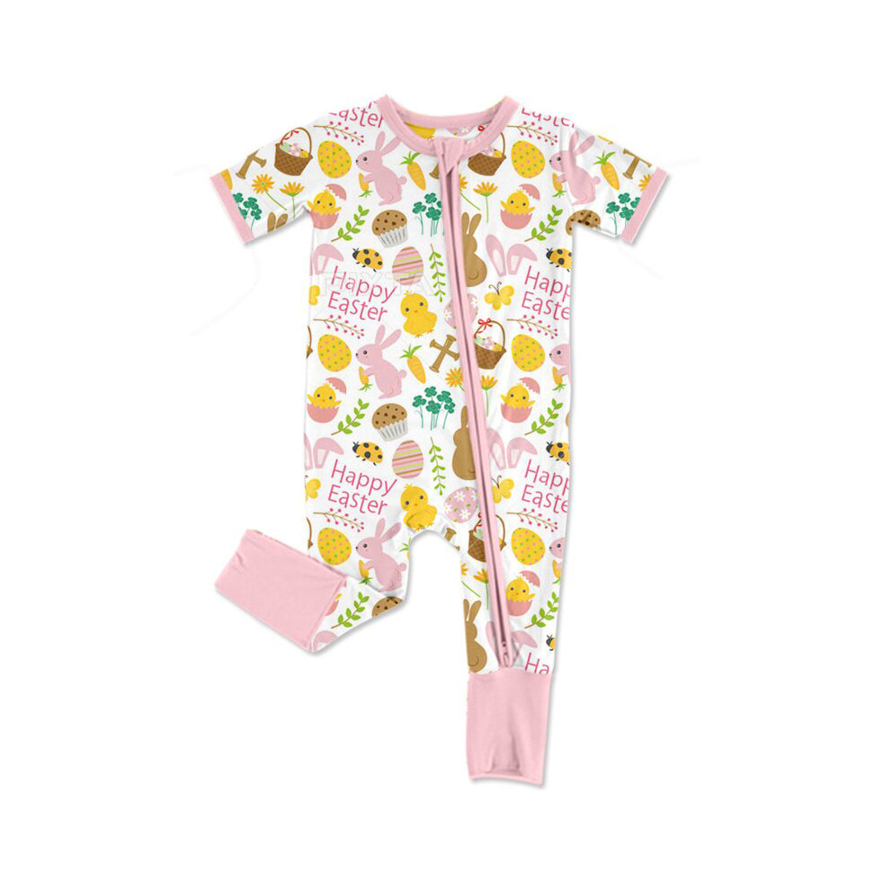 ( Moq 5 ) Preorder Girls Infant Short Sleeves Rabbits Eggs Easter Pink Zipper Romper