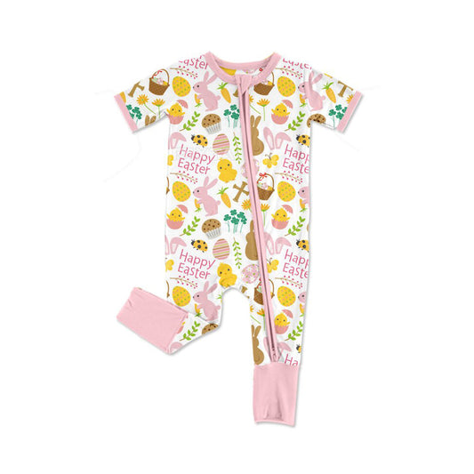 ( Moq 5 ) Preorder Girls Infant Short Sleeves Rabbits Eggs Easter Pink Zipper Romper