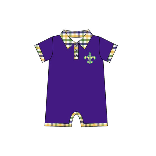 ( Moq 5 ) Preorder Boys Infant Short Sleeves Anchor Mardi Gras Buttons Purple Romper