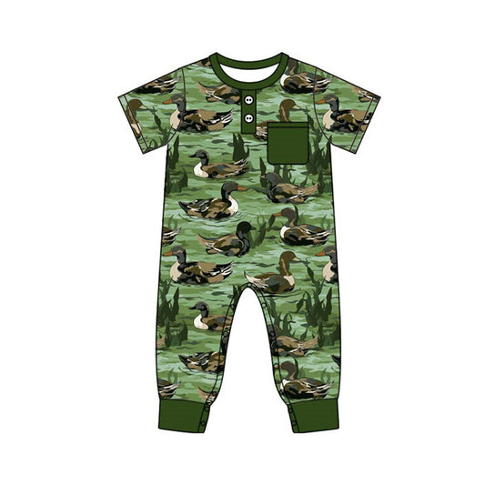 ( Moq 5 ) Preorder Boys Infant Short Sleeves Ducks Green Pocket Buttons Romper