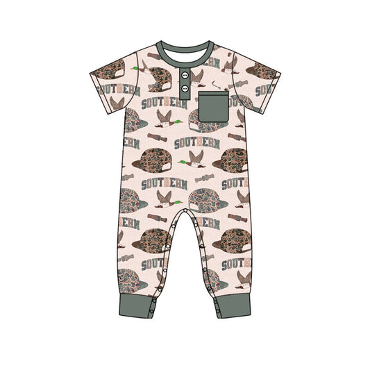 ( Moq 5 ) Preorder Boys Infant Short Sleeves Ducks Camo Hats Buttons Pocket Romper