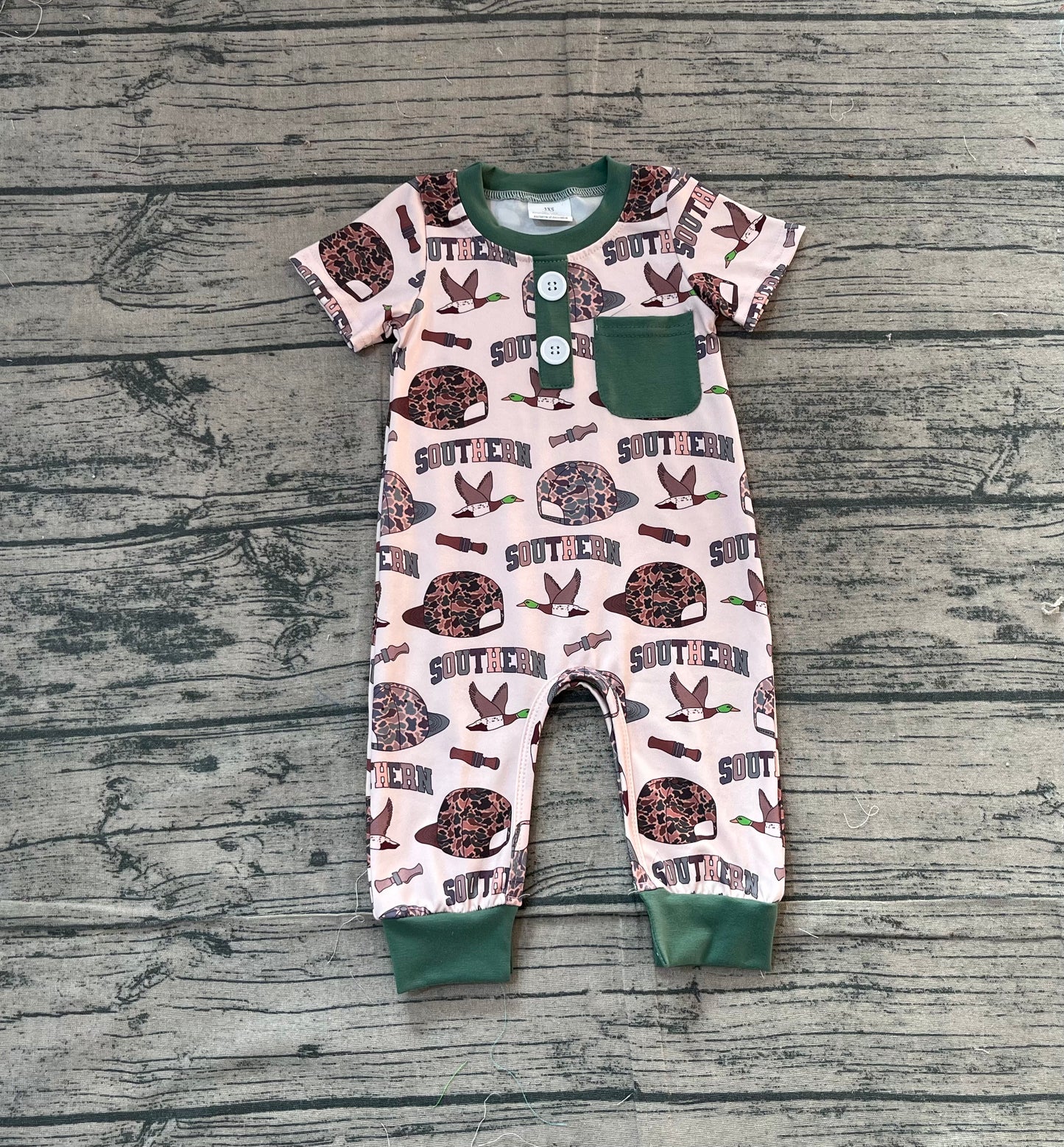 Baby Boys Infant Ducks Hats Camo Short Sleeves Southern Buttons Romper RTS