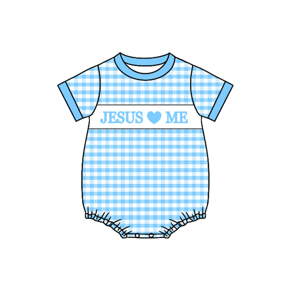 ( Moq 5 ) Preorder Boys Infant Jesus Loves Me Blue Plaid Bubble Romper
