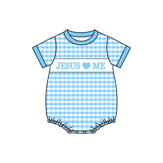 ( Moq 5 ) Preorder Boys Infant Jesus Loves Me Blue Plaid Bubble Romper
