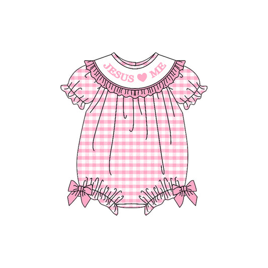 ( Moq 5 ) Preorder Girls Infant Jesus Loves Me Bows Pink Plaid Bubble Romper