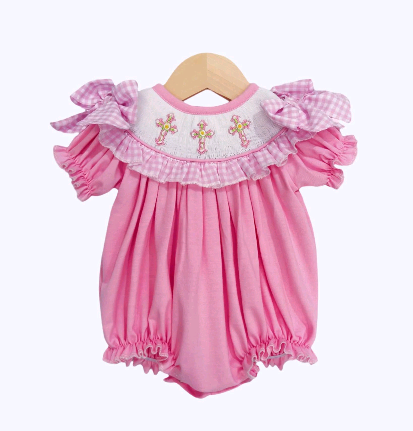 ( Moq 5 ) Preorder Girls Infant Short Sleeves Cross Easter Pink Bubble Romper