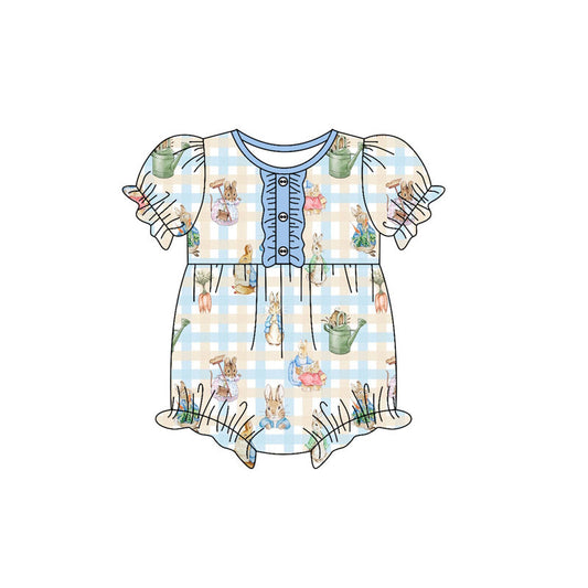 ( Moq 5 ) Preorder Girls Infant Short Sleeves Rabbits Plaid Easter Bubble Romper