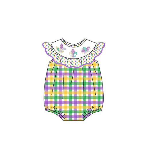 ( Moq 5 ) Preorder Girls Infant Anchors Plaid Mardi Gras Bubble Ruffle Romper