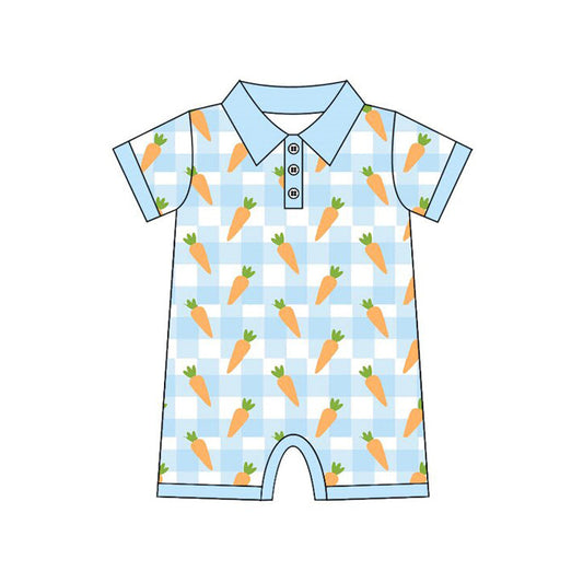 ( Moq 5 ) Preorder Boys Infant Carrots Blue Plaid Easter Buttons Romper