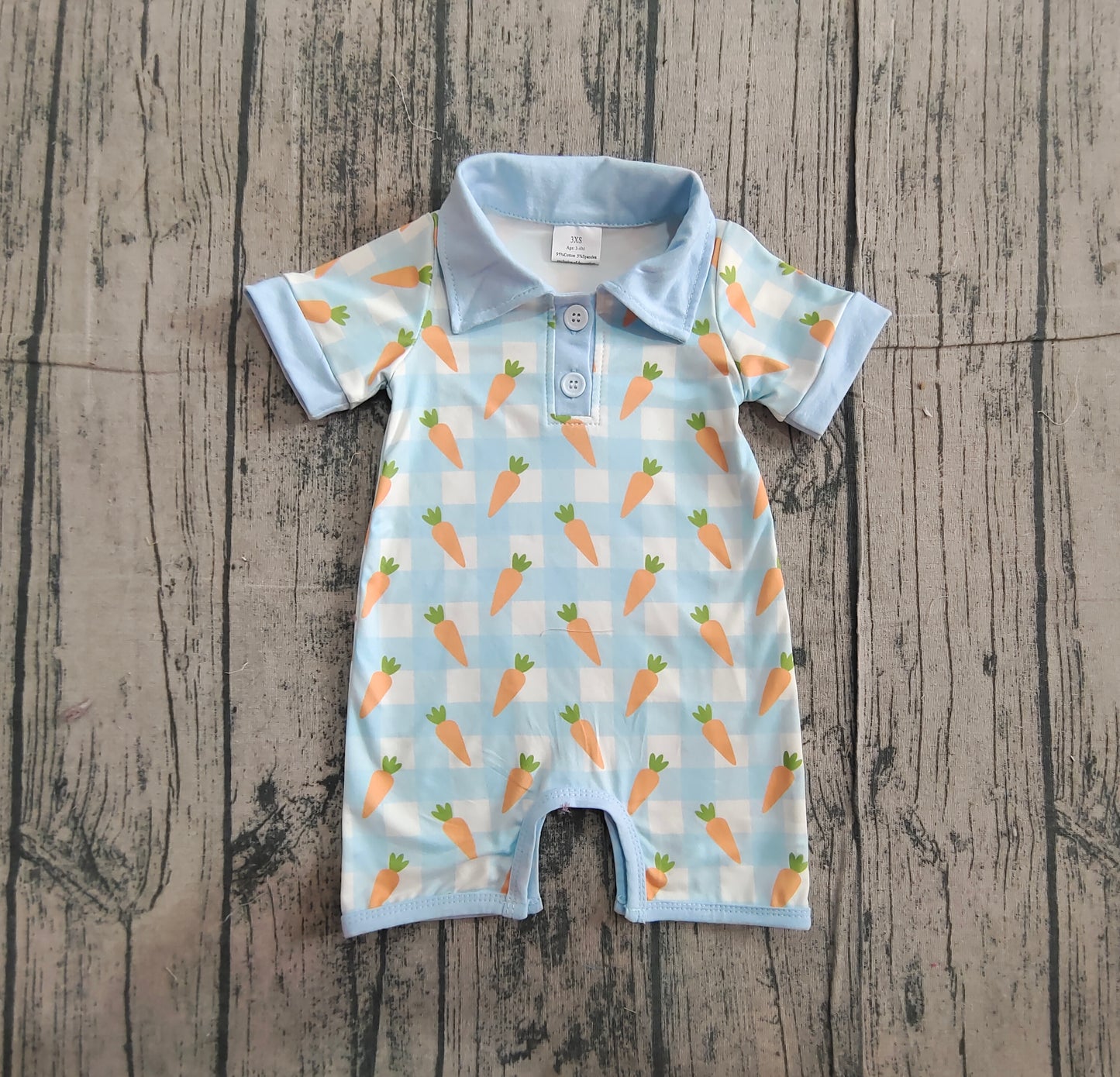 Baby Boys Infant Short Sleeves Carrots Blue Plaid Easter Buttons Romper RTS
