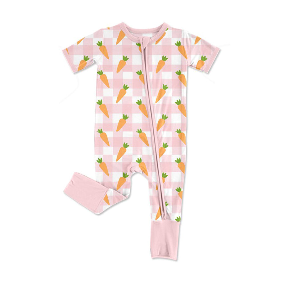 ( Moq 5 ) Preorder Girls Kids Short Sleeves Carrots Pink Plaid Easter Zipper Romper