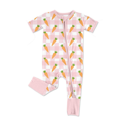 ( Moq 5 ) Preorder Girls Kids Short Sleeves Carrots Pink Plaid Easter Zipper Romper